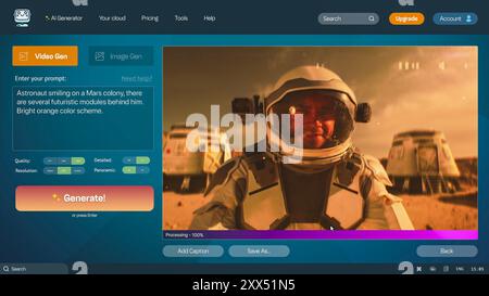 User interface of AI video generator. Artificial intelligence assistant generate detailed video: Astronaut on Mars colony. Text to video technology. AI generated video. Template for computer screen. Stock Photo