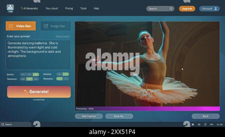 User interface of AI video generator. Artificial intelligence chatbot generate detailed video of elegant dancing ballerina in tutu. AI generated video creation. Template for computer or laptop screens Stock Photo