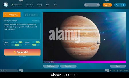 User interface of AI video generator. Artificial intelligence chatbot generate detailed high-quality video of Jupiter and its moon in space. AI generated video. Template for computer or laptop screens Stock Photo