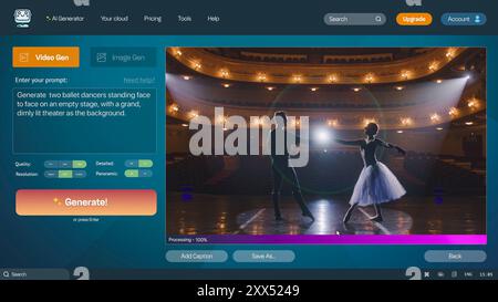 User interface of AI video generator. Artificial intelligence chatbot generate detailed high-quality realistic video of two ballet dancer dancing in theater. Advanced AI generated video creation. Stock Photo