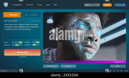 User interface of AI video generator. Artificial intelligence chatbot generate detailed video: Man face with digital facial recognition grid overlay. From text prompt to realistic AI generated video. Stock Photo