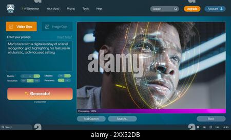 User interface of AI video generator. Artificial intelligence chatbot generate detailed video: Man face with digital facial recognition grid overlay. From text prompt to realistic AI generated video. Stock Photo