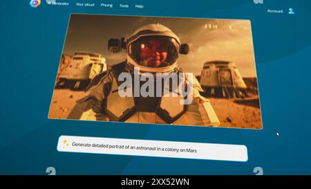 User interface of AI video generator. Artificial intelligence assistant generate detailed high-quality video: Astronaut on Mars colony. Advanced text to video technology. Futuristic generated video. Stock Photo