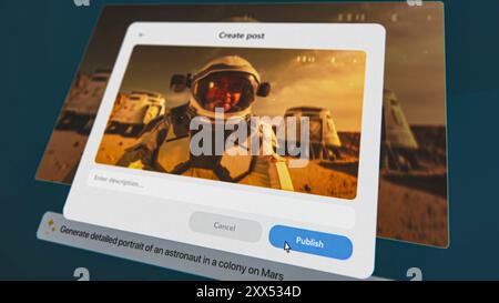 User interface of AI video generator. Artificial intelligence assistant generate detailed high-quality video: Astronaut on Mars colony. Advanced text to video technology. Futuristic generated video. Stock Photo