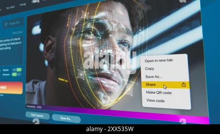 User interface of AI video generator. Artificial intelligence chatbot generate detailed video: Man face with digital facial recognition grid overlay. From text prompt to realistic AI generated video. Stock Photo