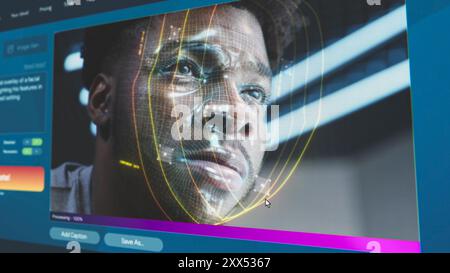 User interface of AI video generator. Artificial intelligence chatbot generate detailed video: Man face with digital facial recognition grid overlay. From text prompt to realistic AI generated video. Stock Photo