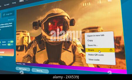 User interface of artificial intelligence image generator. AI chatbot generate detailed high-quality portrait of astronaut in colony on Mars. Advanced text to image technology. AI generated photo. Stock Photo