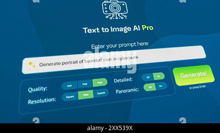User interface of AI image generator. Modern artificial intelligence chatbot generate detailed high-quality image: Portrait of man in cyberpunk style. From text prompt to realistic generated photo. Stock Photo