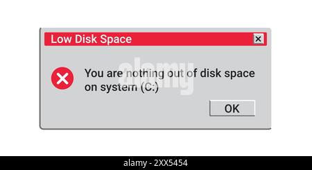 Low disk space message. Memory error in red colors. Stock Vector