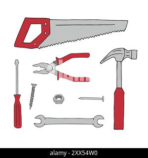 Vector set of colored hand drawn sketch doodle instruments isolated on white background Stock Vector