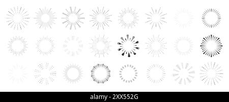 Set Fireworks, rays, sunburst frames circle border decoration, sparkle in doodle style, line sketch explosion isolated on white background. Vector illustration Stock Vector