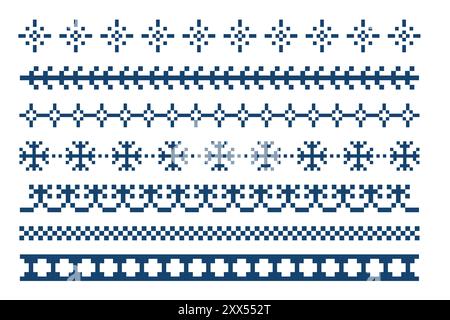 Pixel Border snowflake winter decoration elements. Divider patterns y2k. Simple minimal. Holiday Chirtmas frame. Vector illustration Stock Vector