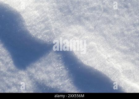 Close-up of fresh snowy land in the winter, viewed from above. Abstract full frame textured background with copy space. Top view. Stock Photo