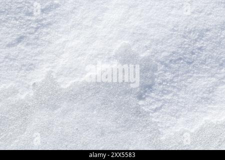 Close-up of fresh and bright snowy land in the winter, viewed from above. Abstract full frame textured background with copy space. Top view. Stock Photo