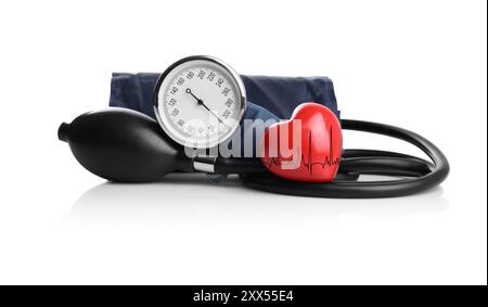 Red decorative heart with electrocardiogram and blood pressure monitor on white background Stock Photo