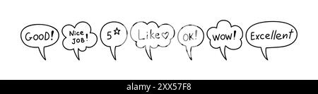 Cute line doodle speech bubble set. Text boxes, cloud, dialog, message, thought handwriting illustration. Positive feedback icons. Nice job, wow, ok, Stock Vector