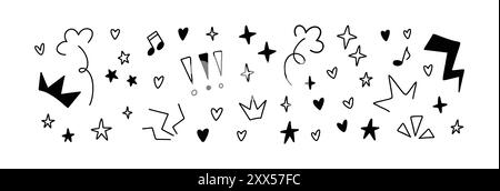 Set of grunge emo doodle elements. Handwriting hearts, stars, music notes, movement and motion expressions. Crayon pencil scribbles. Punk graffiti bac Stock Vector