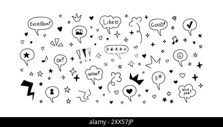 Cute line doodle social media like icons. Handwriting speech bubbles, text boxes, like, feedback, follow, subscribe illustrations. Kid, children party Stock Vector