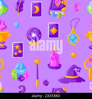 Pattern with magic items. Witchcraft alchemy mystery elements. Stock Vector