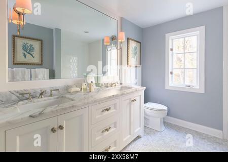 Beautiful bathroom with blue walls and double vanity with marble countertop and lights turned on Stock Photo