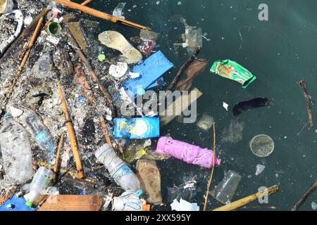 ATHENS, GREECE - SEPTEMBER 5, 2018: Floating garbage waste trash on the sea in Athens Stock Photo