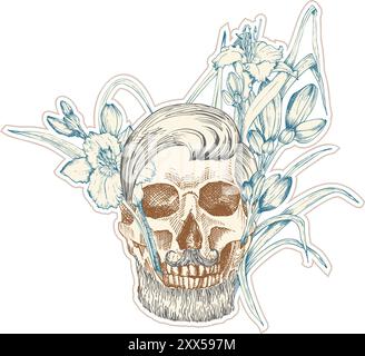 Vintage sticker human skull with wreath flowers lily. Art collage Zine Culture style. Hipster barber shop concept. Tattoo, t-shirt design Realistic Stock Vector
