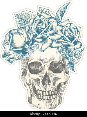 Vintage sticker human skull with wreath flowers rose. Art collage Zine Culture style. Hipster barber shop concept. Tattoo, t-shirt design Realistic Stock Vector