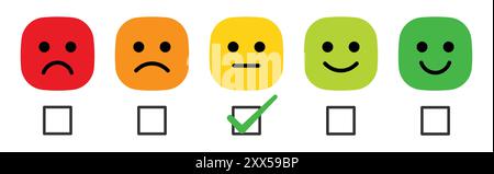 Rating emoji set with check box and tick mark for customer feedback and product experience in colorful style. Rating emoji set in new square style. Stock Vector