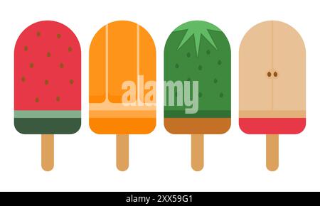 Fresh Cold Fruit Popsicle Vector. Watermelon, Orange, Kiwi, and Apple Popsicle. Sweet Fruit Flavored Popsicle. Stock Vector