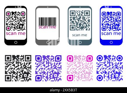 Image displaying various barcode and QR code designs on smartphone screens. Different graphic styles are used on a white background. Concept of mobile Stock Vector
