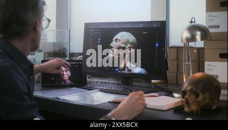 Fossilized Computer Mature archaeologist examines fossil skull, uses tablet computer and PC ...