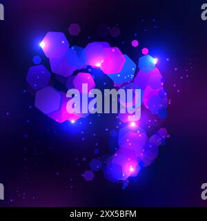 Abstract hexagonal neon galaxy pattern. Swirl of blue and purple hexagons on dark blue background with small stars. Vector illustration Stock Vector