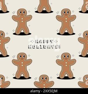 Christmas pattern with Gingerbread man groovy. Pattern in swatches. For fabric, wrapping paper and other decoration. Vector illustration Stock Vector