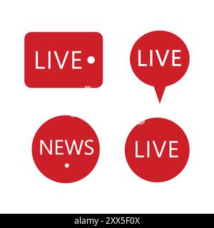 red live news icons in various shapes, simple design for media and broadcasting with white text Stock Vector