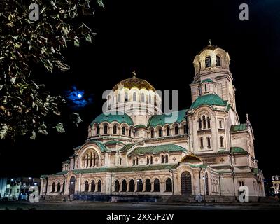 Sofia, Bulgaria. August 19, 2024 Alexander Nevsky Memorial Church at night Stock Photo