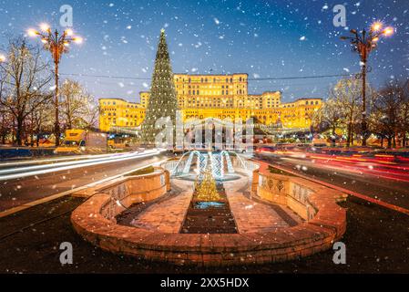 Christmas tree in front of Parliament building house,  Bucharest, Romania Stock Photo