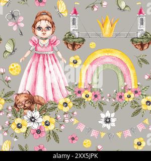 Watercolor seamless pattern with cute princess. Pattern with children's fairy-tale character for design of fabrics, cards, invitations, labels, wallpa Stock Photo