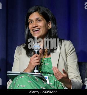 Washington, United States. 13 June, 2024. National Oceanic and Atmospheric Administration Deputy Administrator Jainey Bavishi delivers remarks during an event launching a new Disaster Response Coordination System at the NASA Headquarters Mary W. Jackson Building, June 13, 2024, in Washington, D.C. The system will provide communities and organizations around the world with access to science and data to aid disaster response. Credit: Bill Ingalls/NASA/Alamy Live News Stock Photo