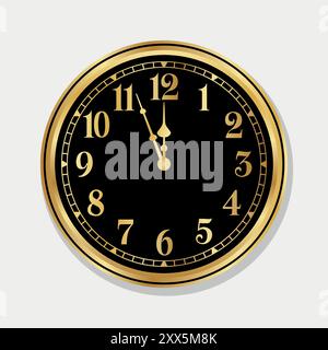 Luxurious analog clock vector with classic arabic numerals, showing five minutes to midnight on a sleek black dial, shiny gold vintage wall clock Stock Vector