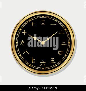 Luxurious Analog Clock vector with traditional Chinese numbers numerals. Elegant, shiny gold vintage wall clock illustration Stock Vector