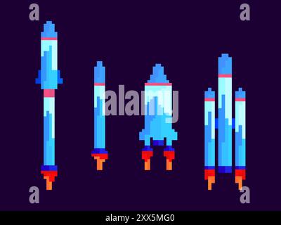 Pixel spaceships icon set. Space rockets in 8-bit retro graphic style of the 80s. Spaceships in pixel art style. Design for banners, mobile applicatio Stock Vector