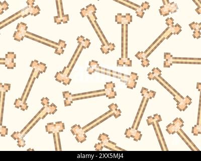 Seamless pattern of pixel bones. Halloween pattern of 8-bit skeleton bones in the style of classic graphics of retro games of the 80s. Design for cove Stock Vector
