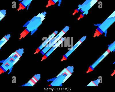 Pixel spaceships seamless pattern. Space rockets in 8-bit retro graphic style of the 80s. Spaceships in pixel art style. Design for banners, app and p Stock Vector