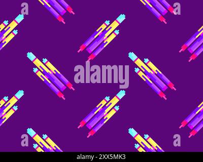 Pixel spaceships seamless pattern. Space rockets in 8-bit retro graphic style of the 80s. Spaceships in pixel art style. Design for banners, app and p Stock Vector