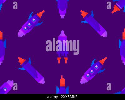 Pixel spaceships seamless pattern. Space rockets in 8-bit retro graphic style of the 80s. Spaceships in pixel art style. Design for banners, app and p Stock Vector