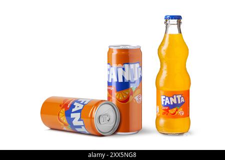 Chisinau, MOLDOVA - August 20, 2024: Fanta original orange soda drink in glass bottle and aluminium can isolated on white background. With clipping pa Stock Photo