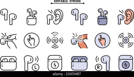 Wireless earbud color icons set. Editable stroke. Vector simple flat icon for web design isolated on white background. Stock Vector