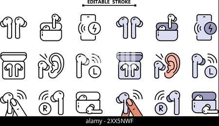 Wireless earbud color icons set. Editable stroke. Vector simple flat icon for web design isolated on white background. Stock Vector