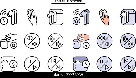 Wireless earbud color icons set. Editable stroke. Vector flat icon for web design isolated on white background. Stock Vector