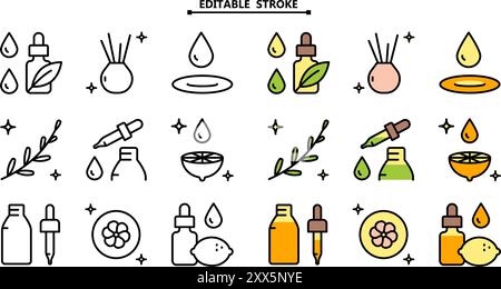 Essential oils aromatherapy icons set. Editable stroke. Collection of essential oils perfume. Vector signs for web design isolated on white background Stock Vector